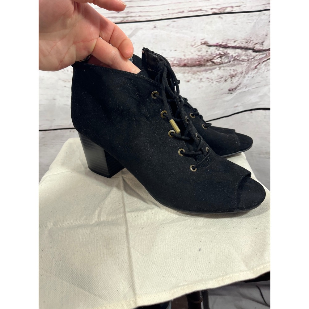 Black Suede Lace Up Peep Toe Block Heel Booties Women's Size 7